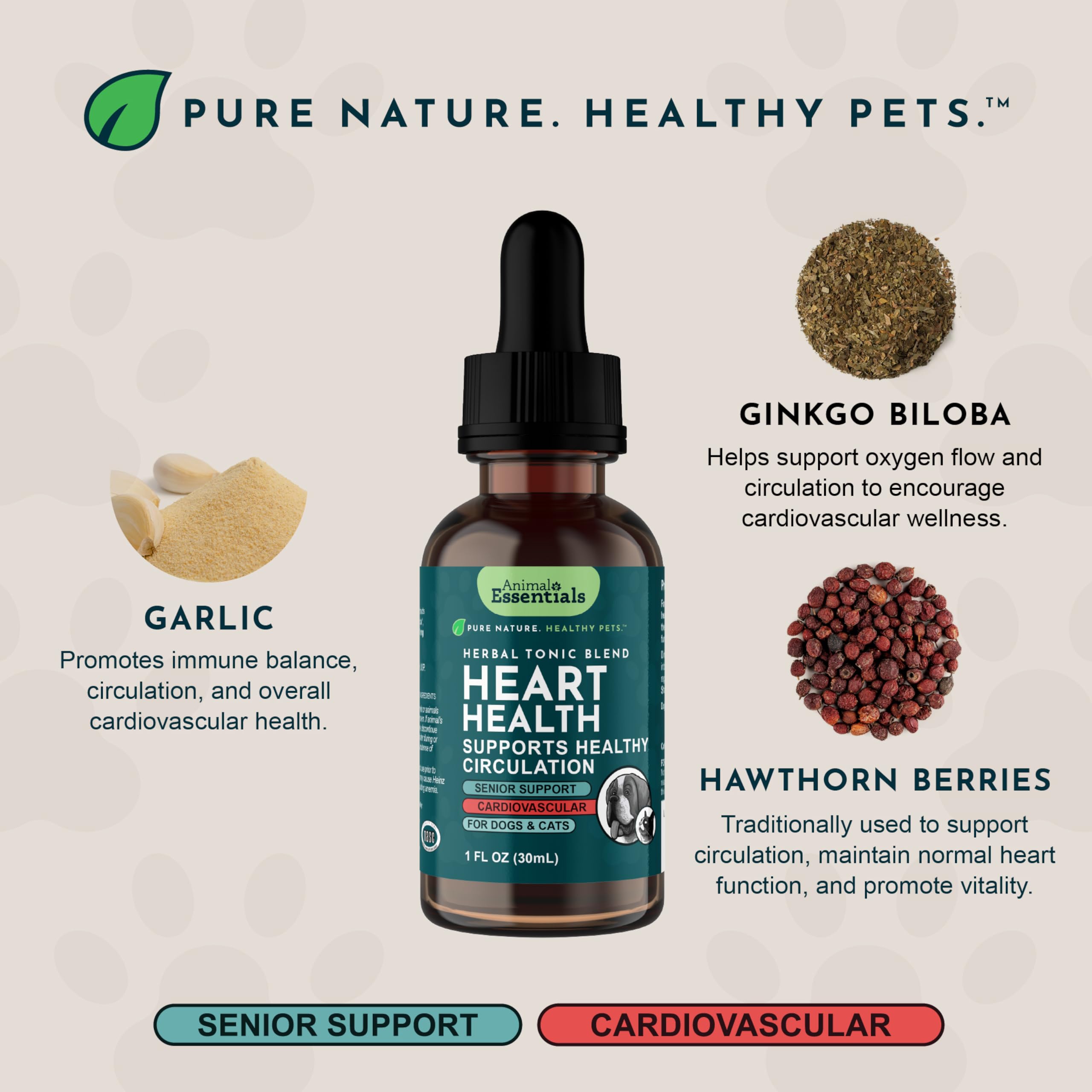 Animal Essentials Heart Health graduated dropper shown beside the formula.