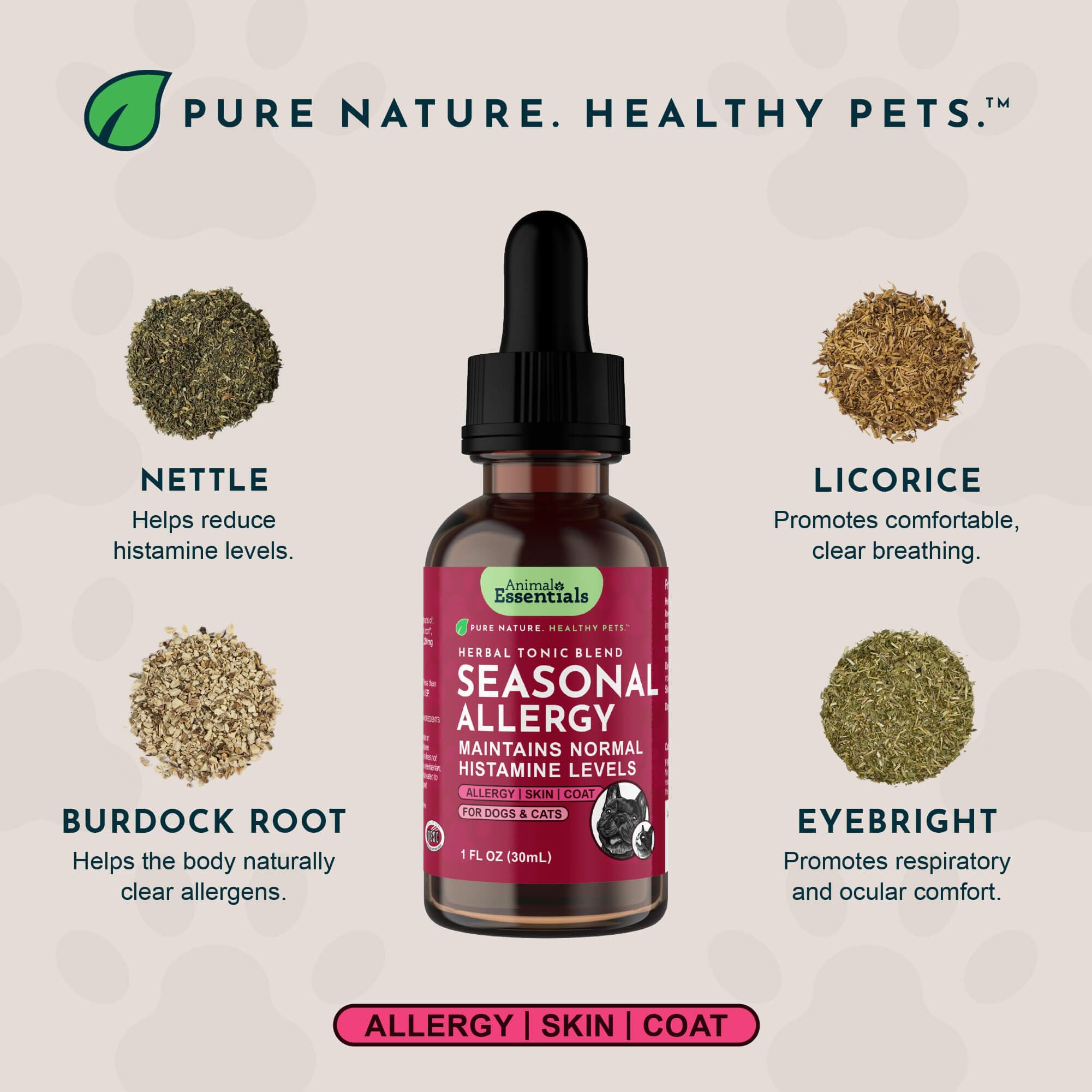 Animal Essentials Seasonal Allergy Treatment bottle shown from the side.
