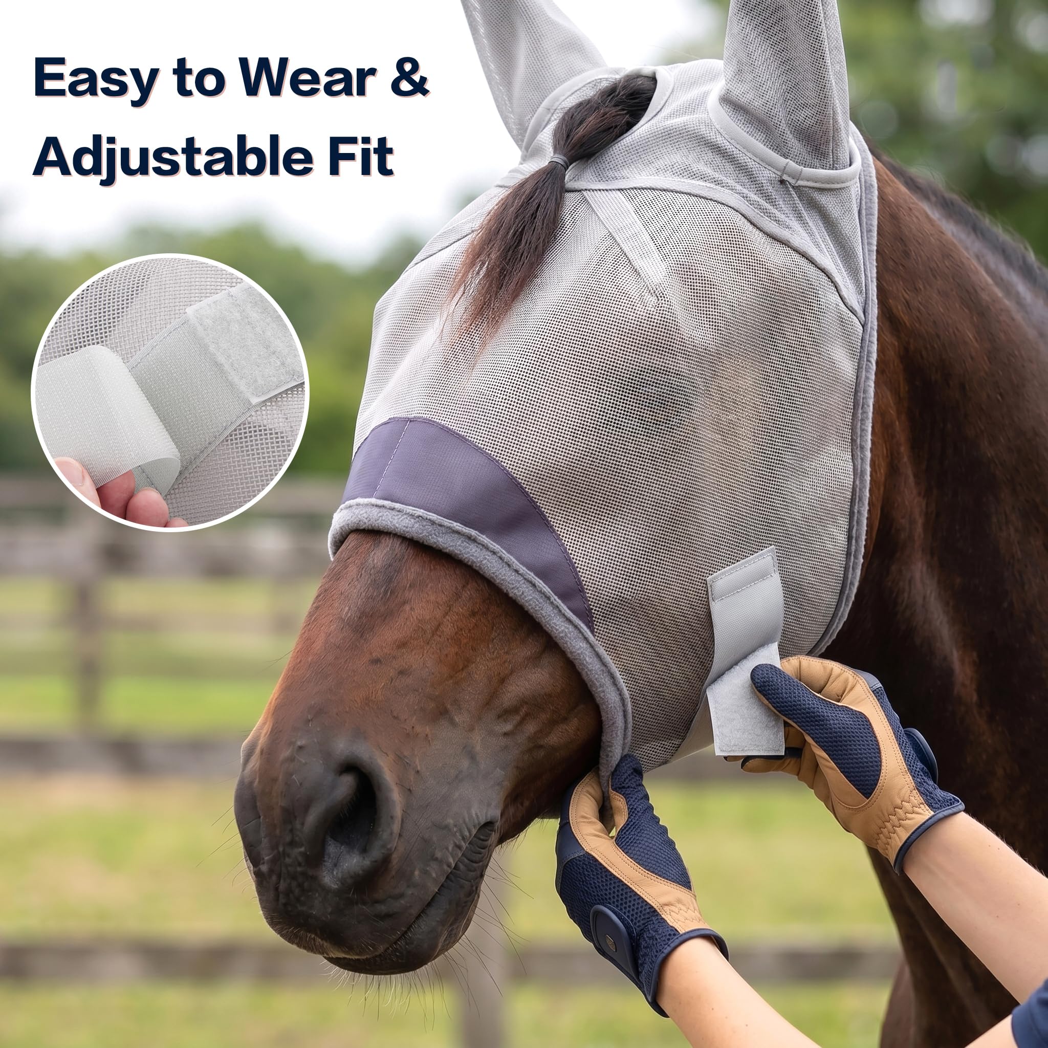 Animal-Gifts horse fly mask with an adjustable buckle in close-up.