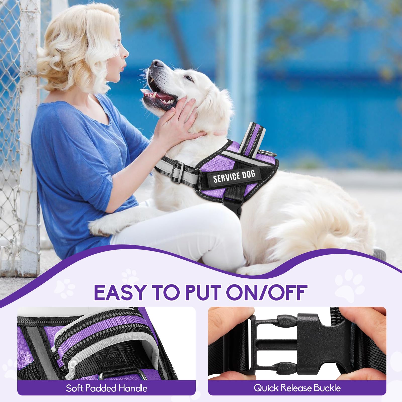 Animire service dog harness showing the top handle and one-click buckle.