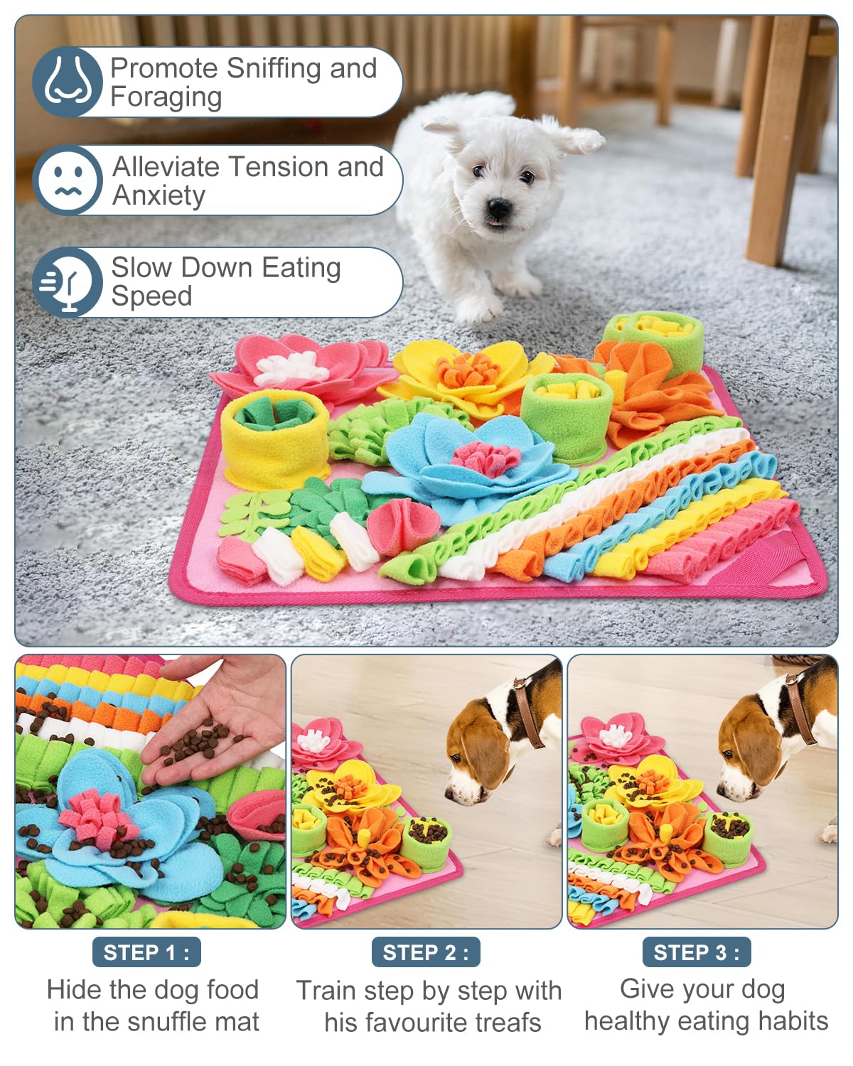 Ankilo snuffle mat detail showing its yellow, red, and blue colors.
