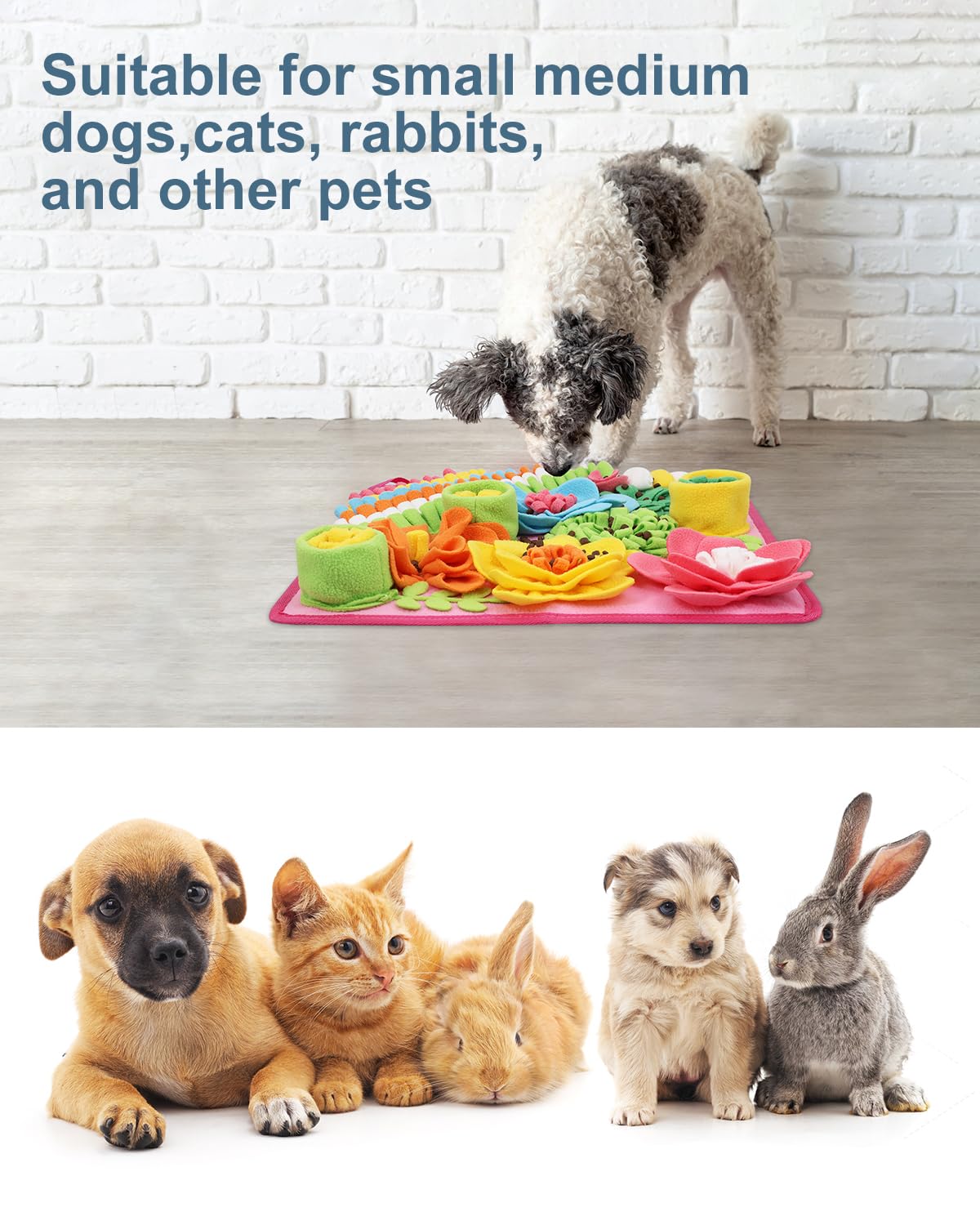 Ankilo snuffle mat in use as a dog sniffs for hidden treats.