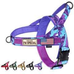 Annchwool dog harness in camo purple shown from the front.