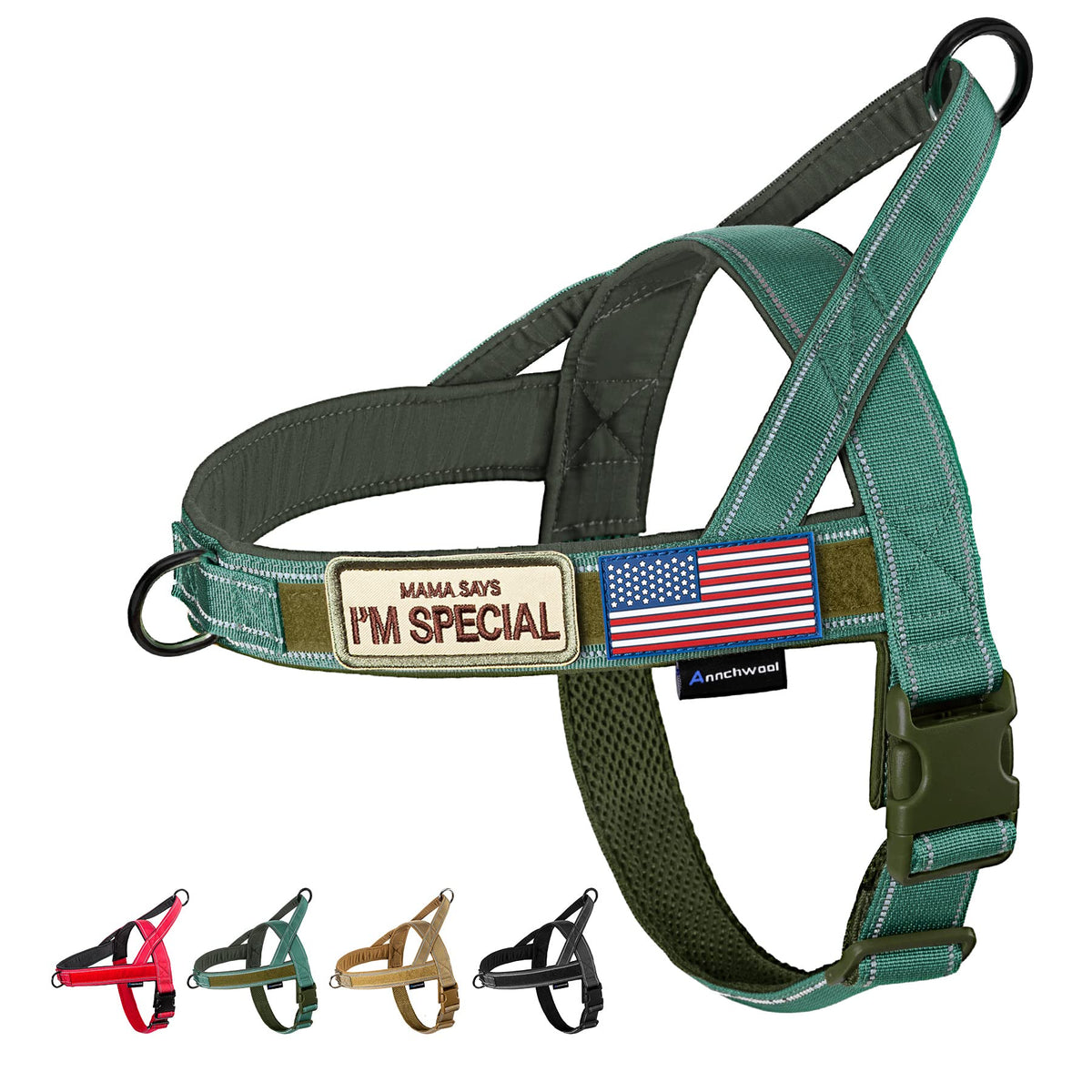 Annchwool dog harness shown from the front in green.