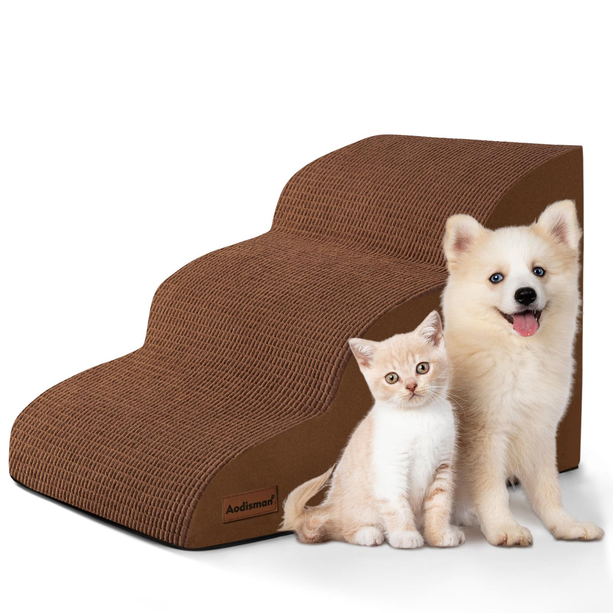Aodisman dog stairs shown from the front with three fabric-covered steps.