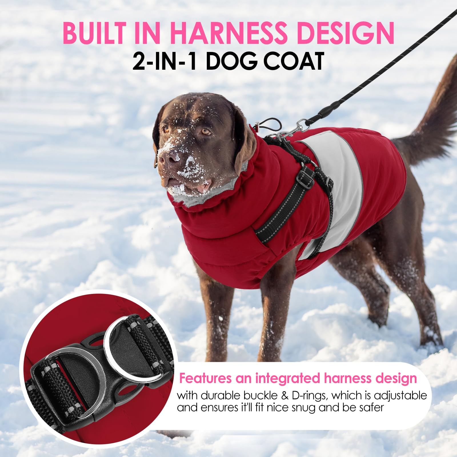 AOFITEE dog coat showing the back zipper and its protective guard.