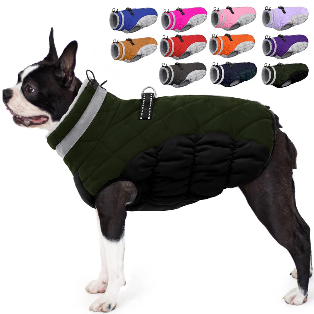 AOFITEE dog coat shown from the front with its built-in harness design.