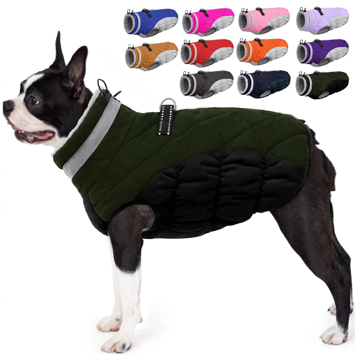 AOFITEE dog coat shown from the front with its built-in harness design.