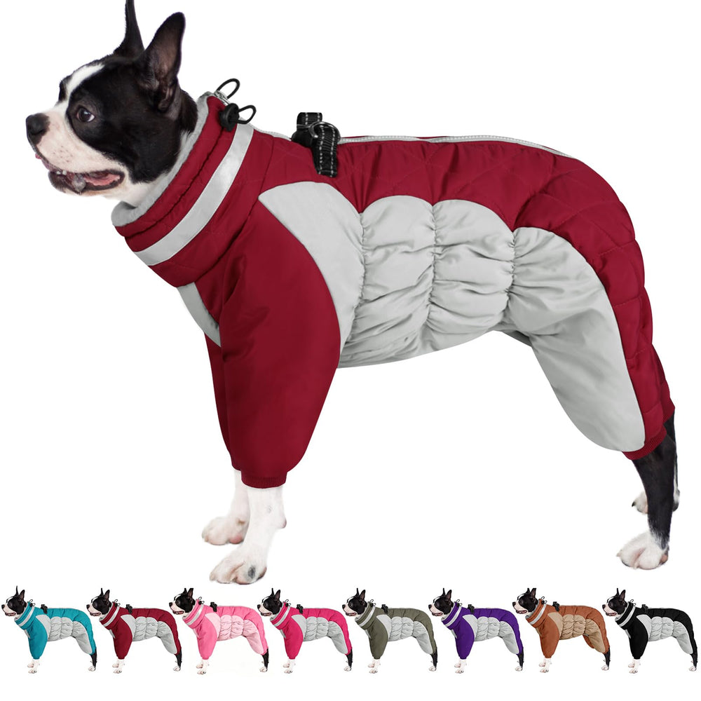 AOFITEE dog coat shown from the front to display its full-body winter coverage.