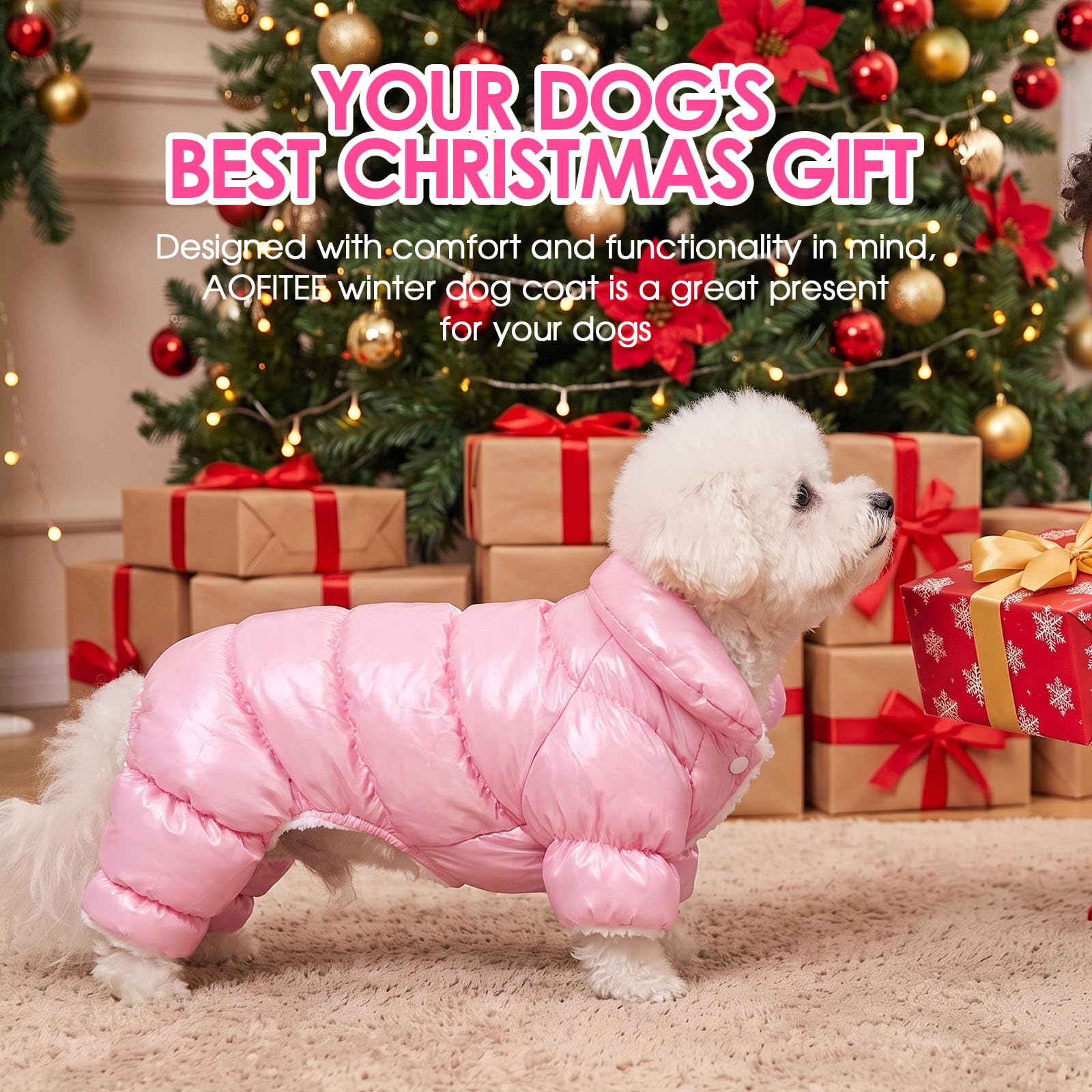 AOFITEE dog coat shown in an outdoor setting.