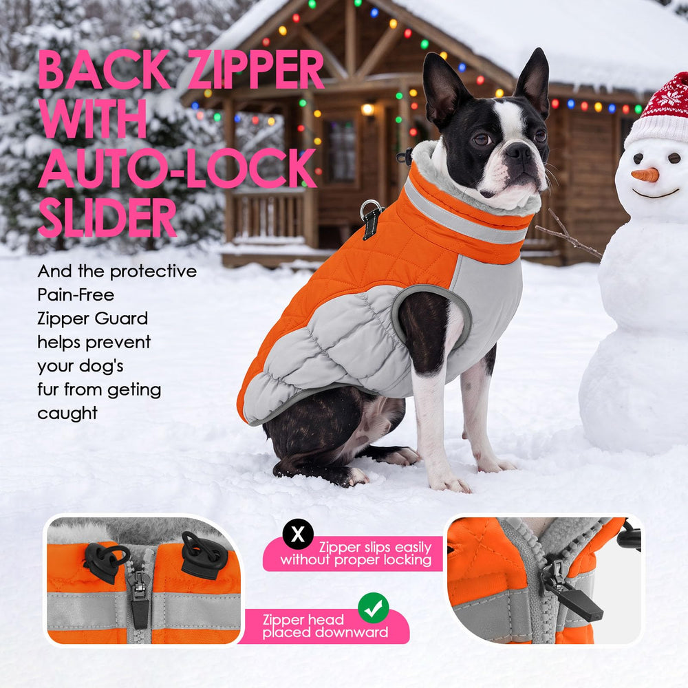 AOFITEE dog coat showing the reflective collar and faux fur.
