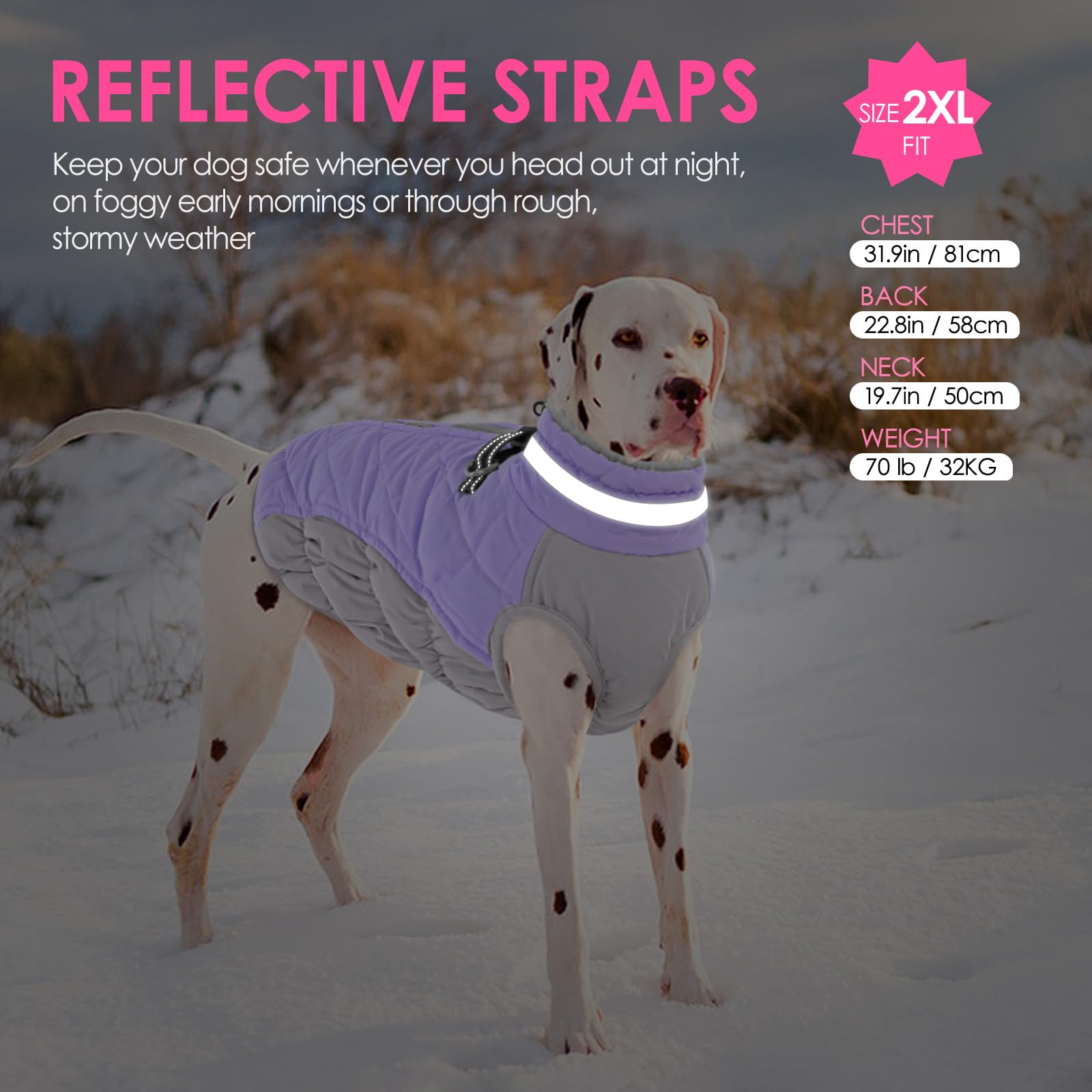 AOFITEE dog coat reflective neckline, faux fur, and adjustable cord shown in detail.