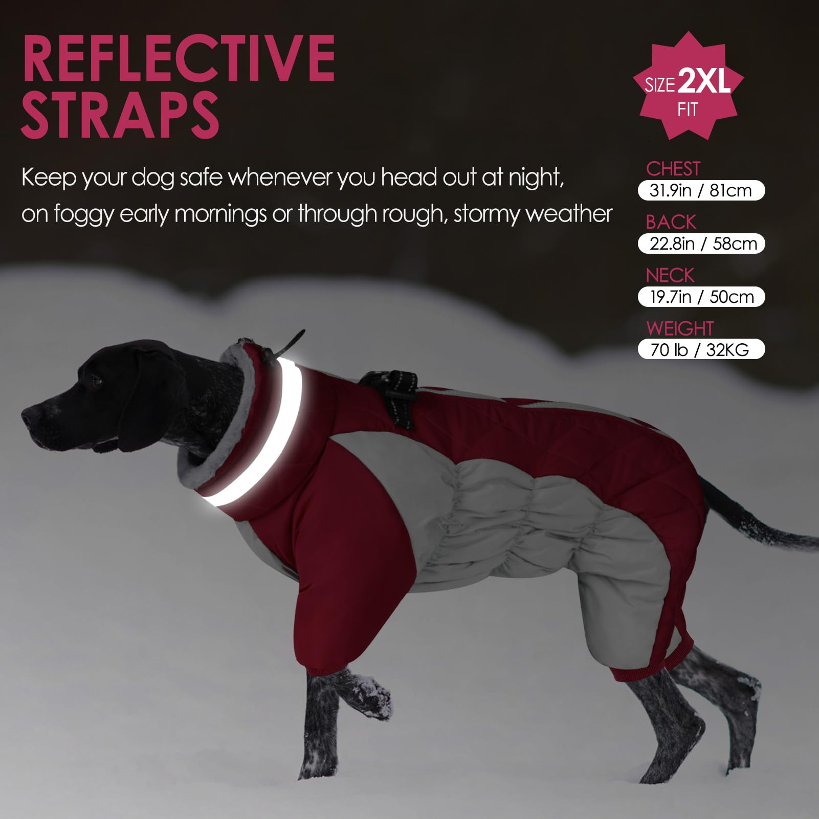 AOFITEE dog coat back detail showing the reflective strips.
