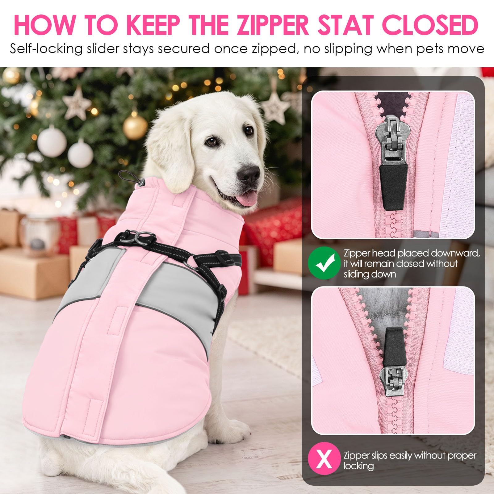 AOFITEE dog coat close-up showing its reflective strips.