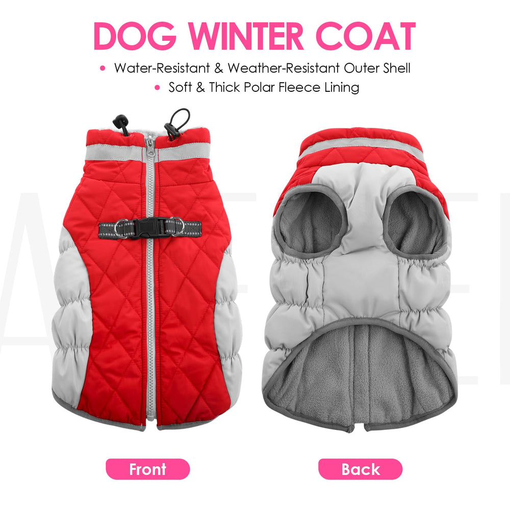 AOFITEE dog coat shown being worn for an outdoor winter walk.