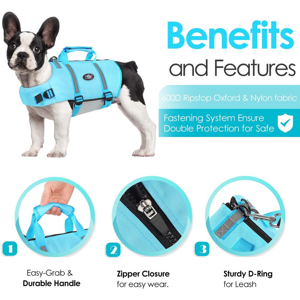 AOFITEE Dog Life Jacket zipper closure and adjustable buckles.