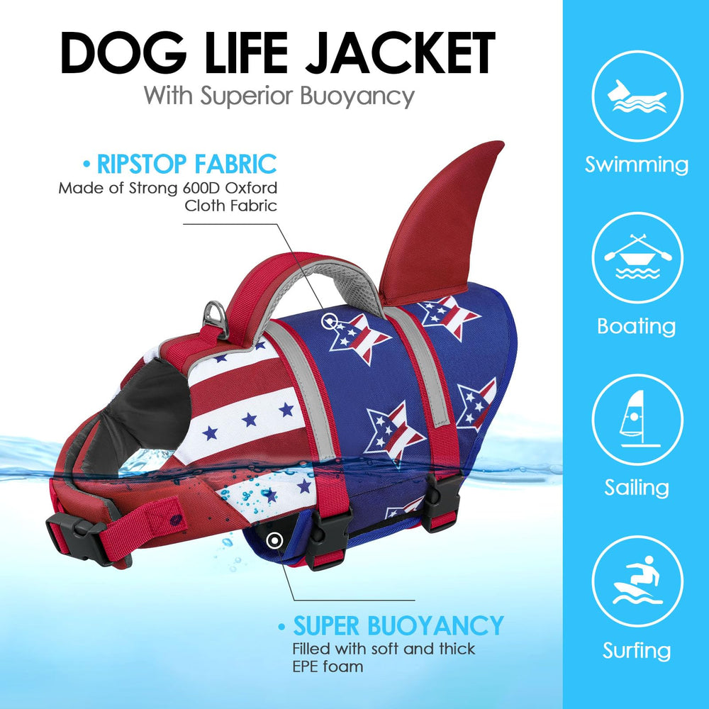 AOFITEE dog shark life jacket showing its cloth and foam construction.