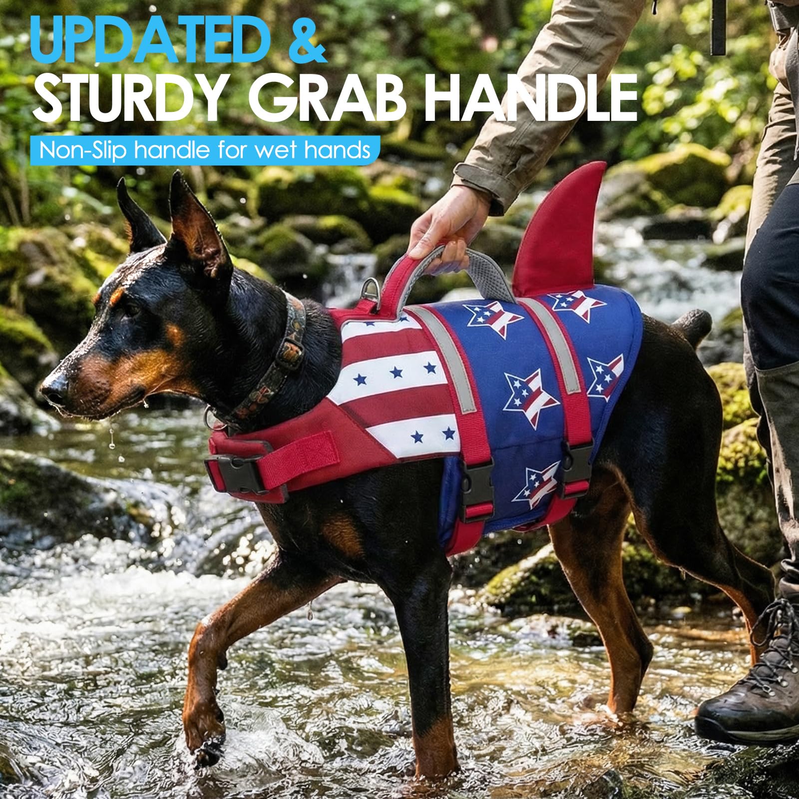 AOFITEE dog shark life jacket shown in side profile.