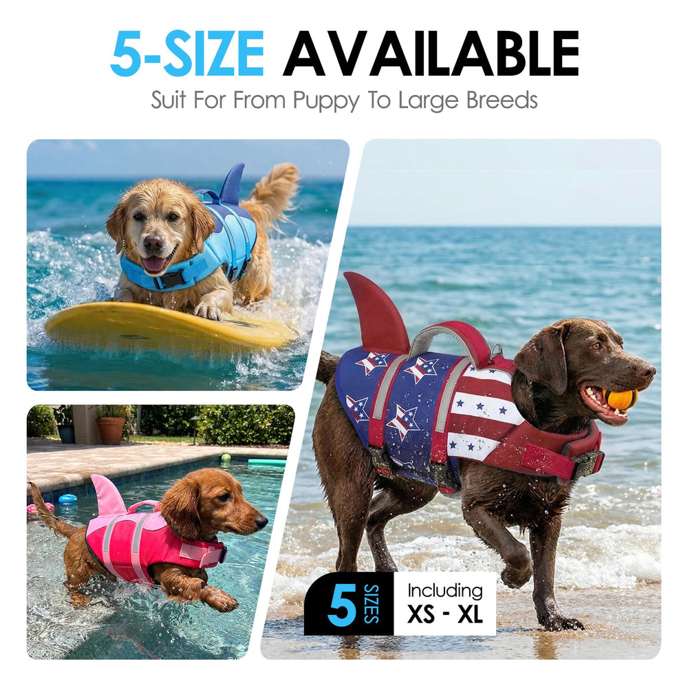 AOFITEE dog shark life jacket shown in use while swimming.