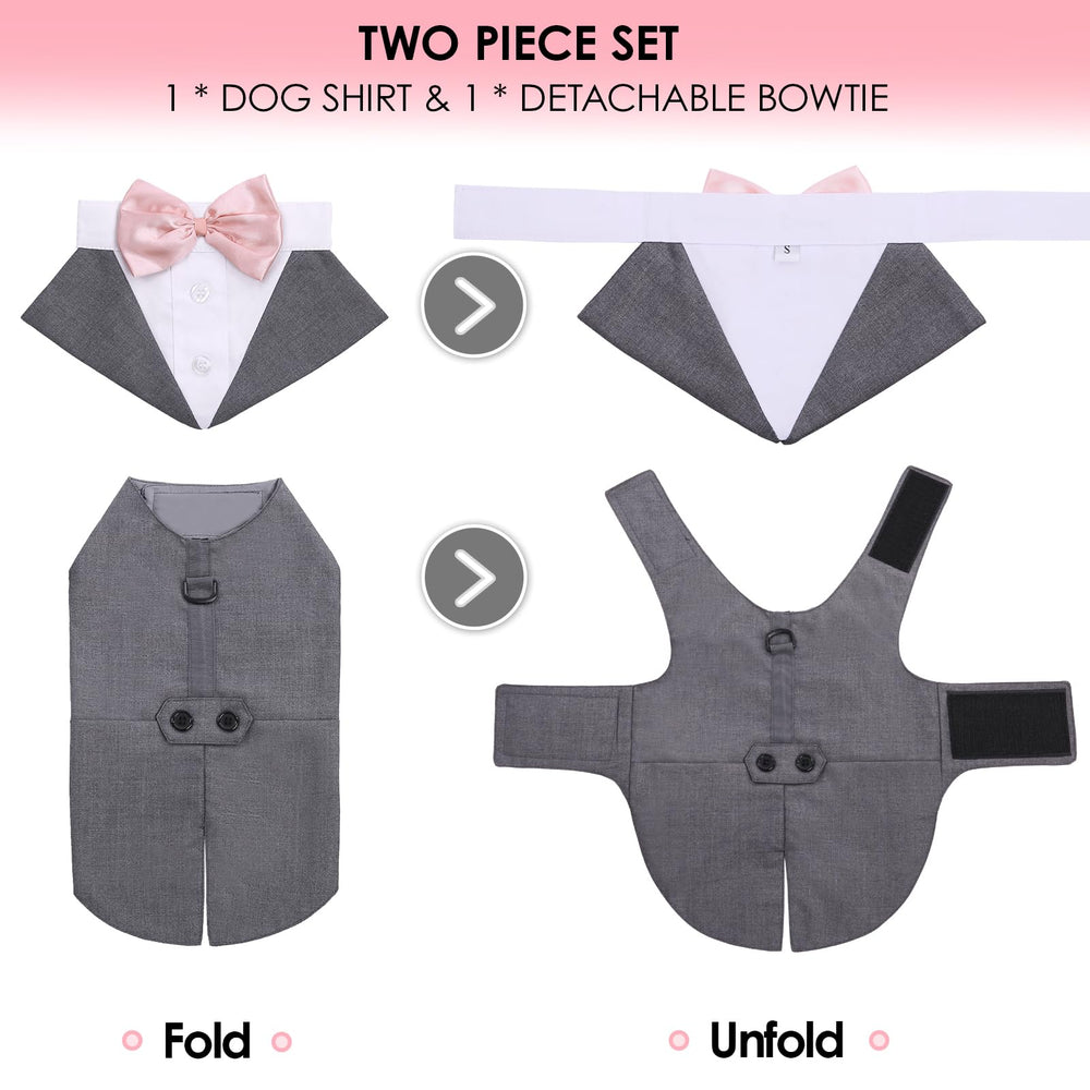 AOFITEE dog tuxedo shown from the back with its metal D-shaped ring.
