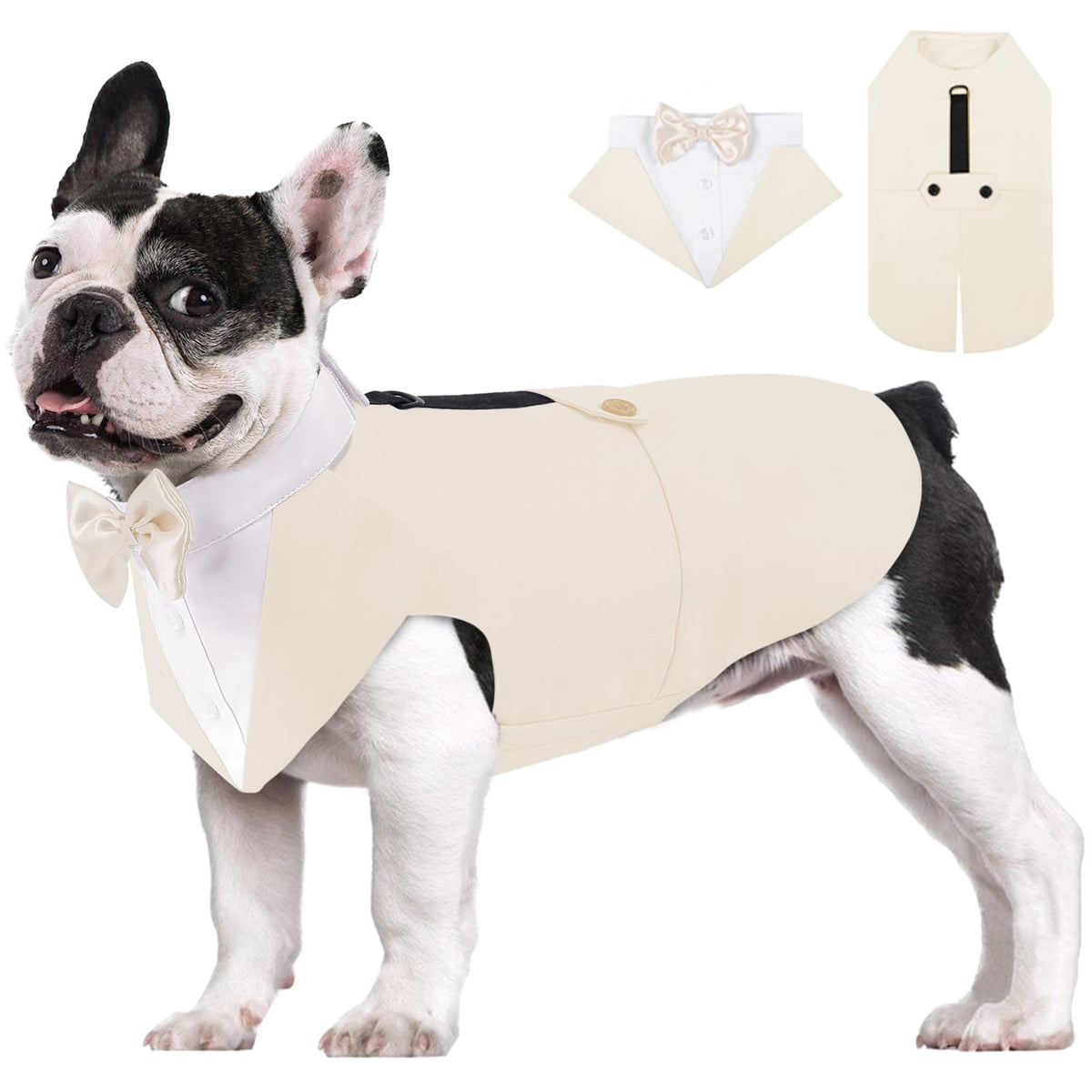 AOFITEE dog tuxedo shown from the front with its bandana collar.