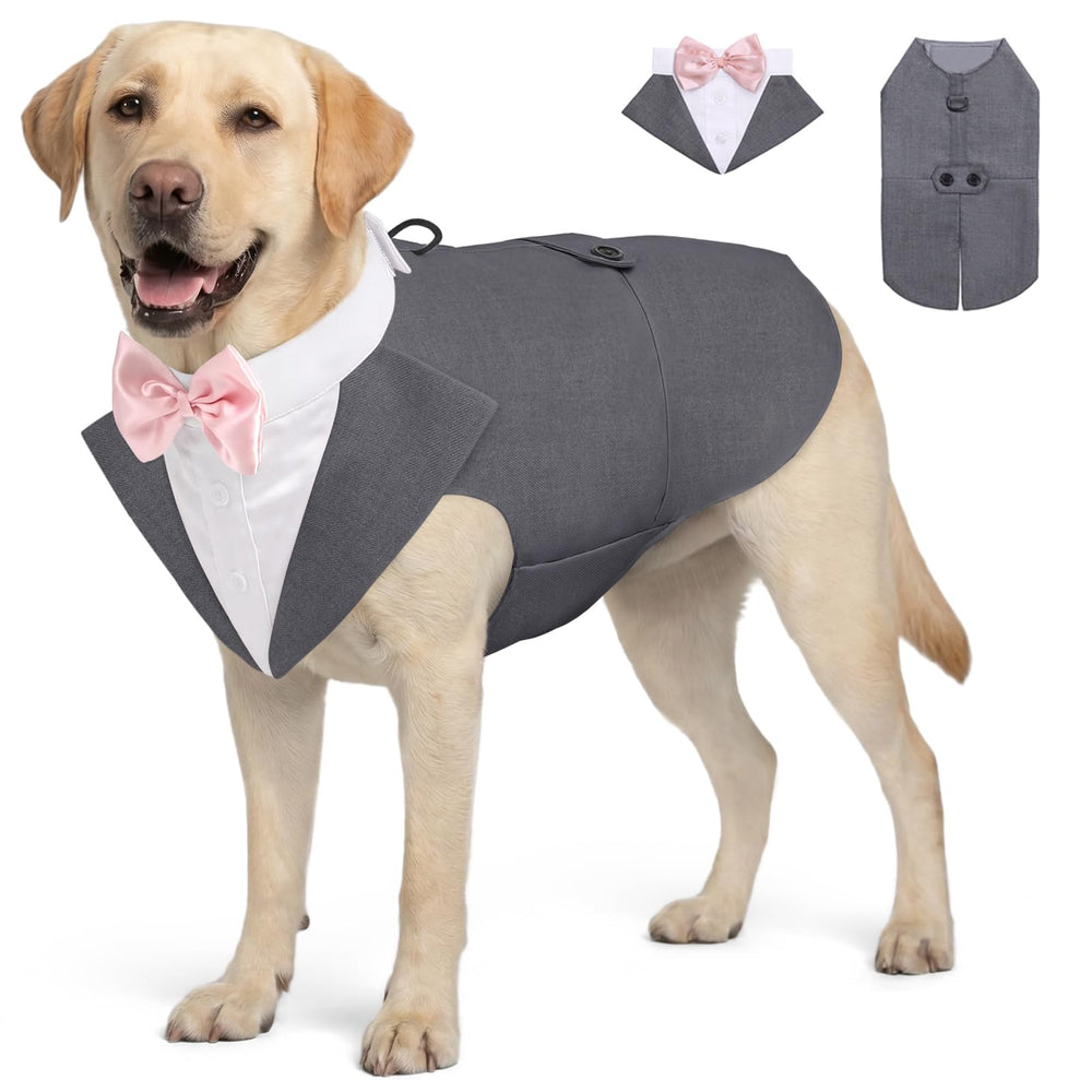 AOFITEE dog tuxedo shown from the front with its bandana collar.