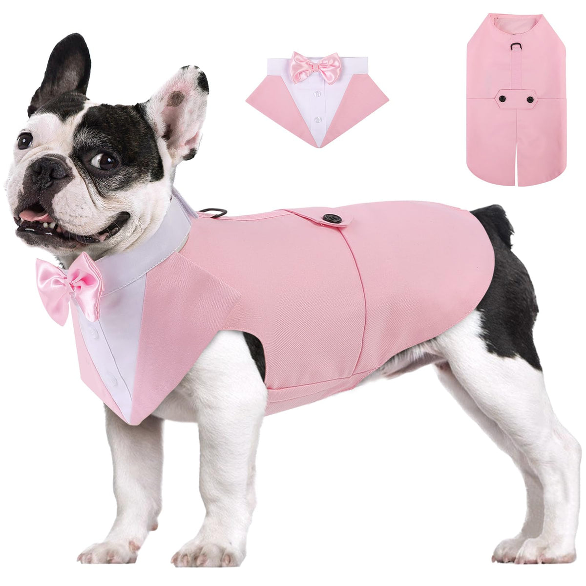 AOFITEE dog tuxedo set showing the shirt and bandana collar together.