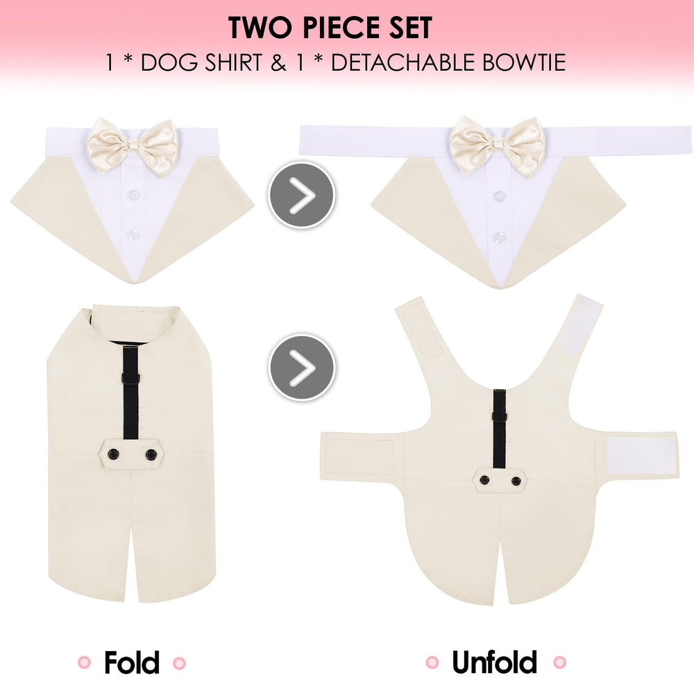 AOFITEE dog tuxedo showing the hook-and-loop neck and chest straps.