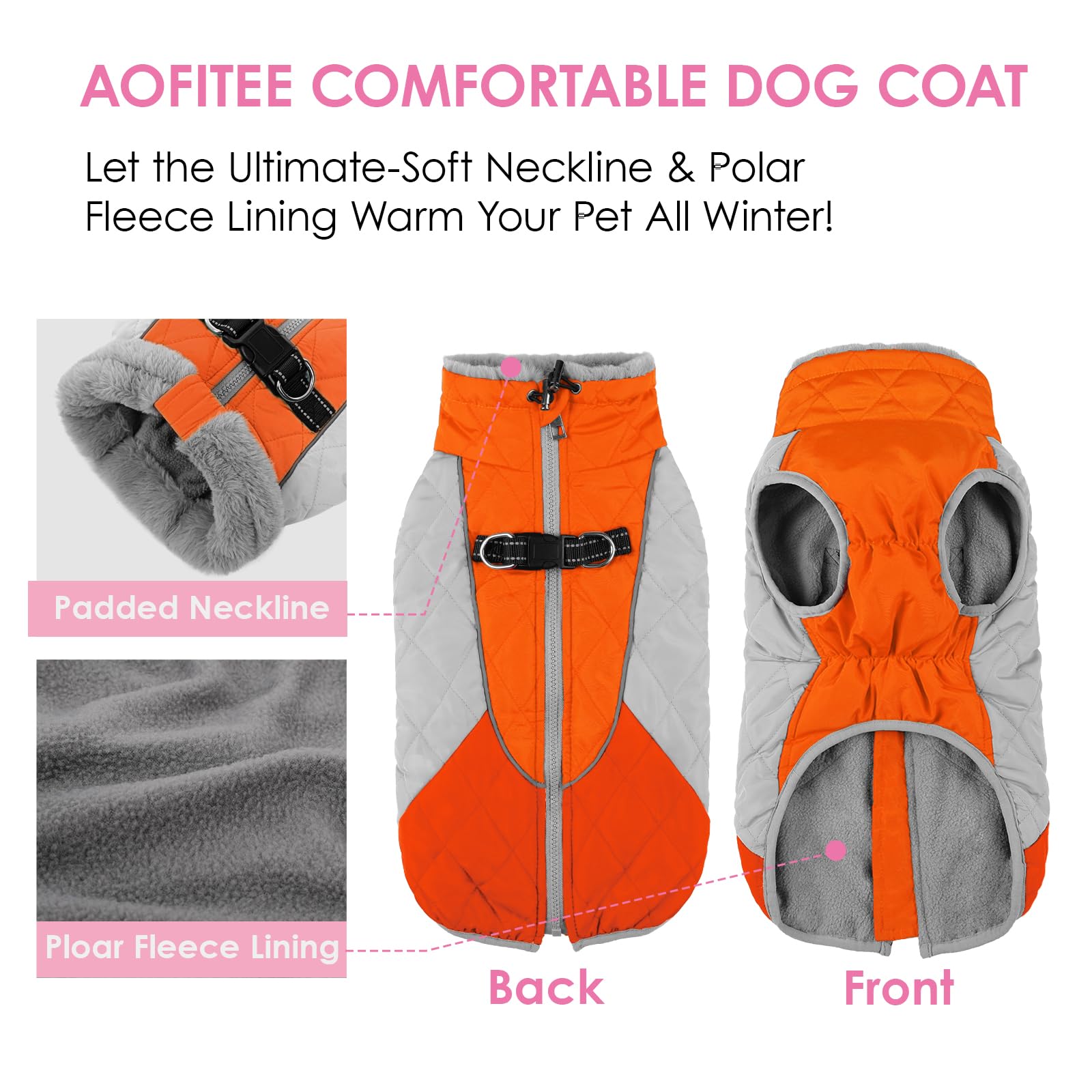 AOFITEE Dog Winter Coat detail showing the zipper along the back.