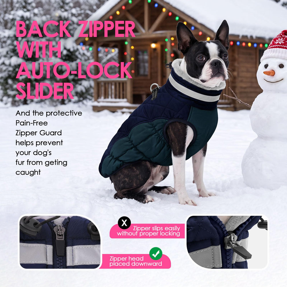 AOFITEE dog winter jacket showing its two metal leash attachment rings.