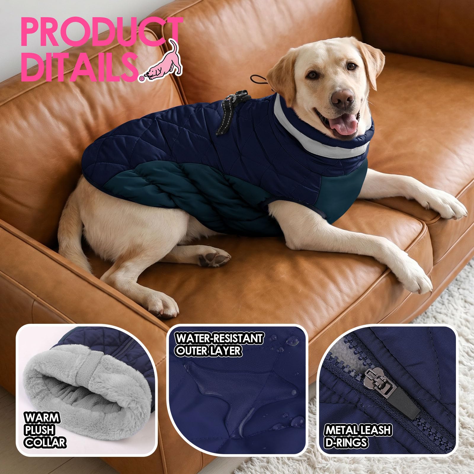 AOFITEE dog winter jacket water-resistant outer fabric shown in detail.