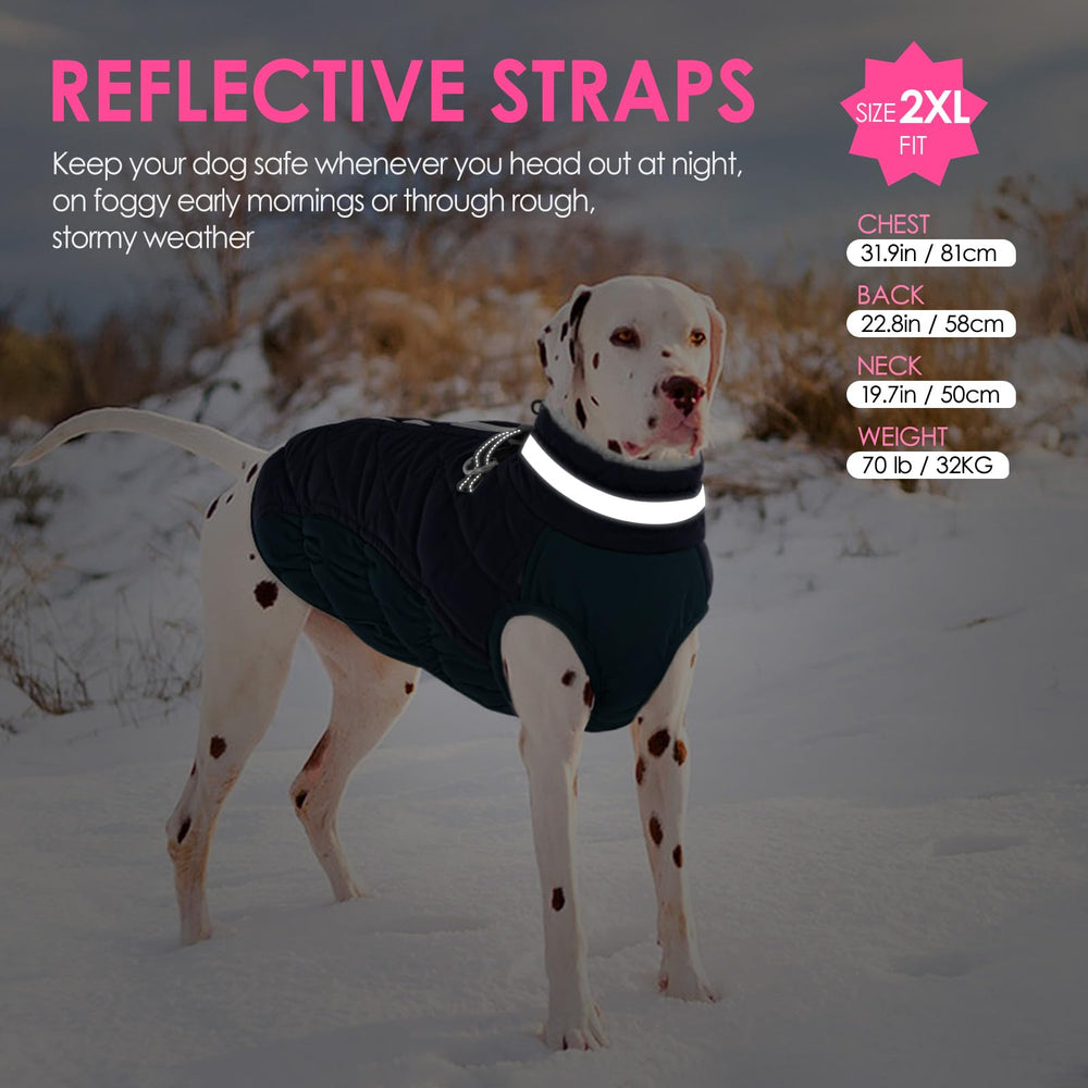AOFITEE dog winter jacket adjustable faux-fur collar with reflective detail.