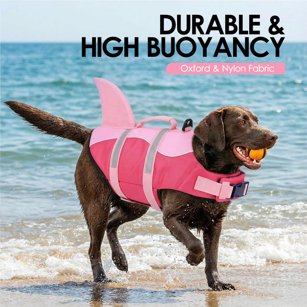 AOFITEE Shark Dog Life Jacket showing its shark-shaped design.