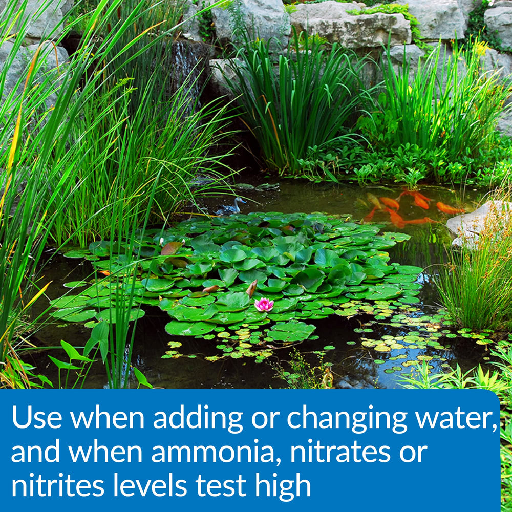 API Pond Aqua Essential pond water conditioner shown beside a pond.