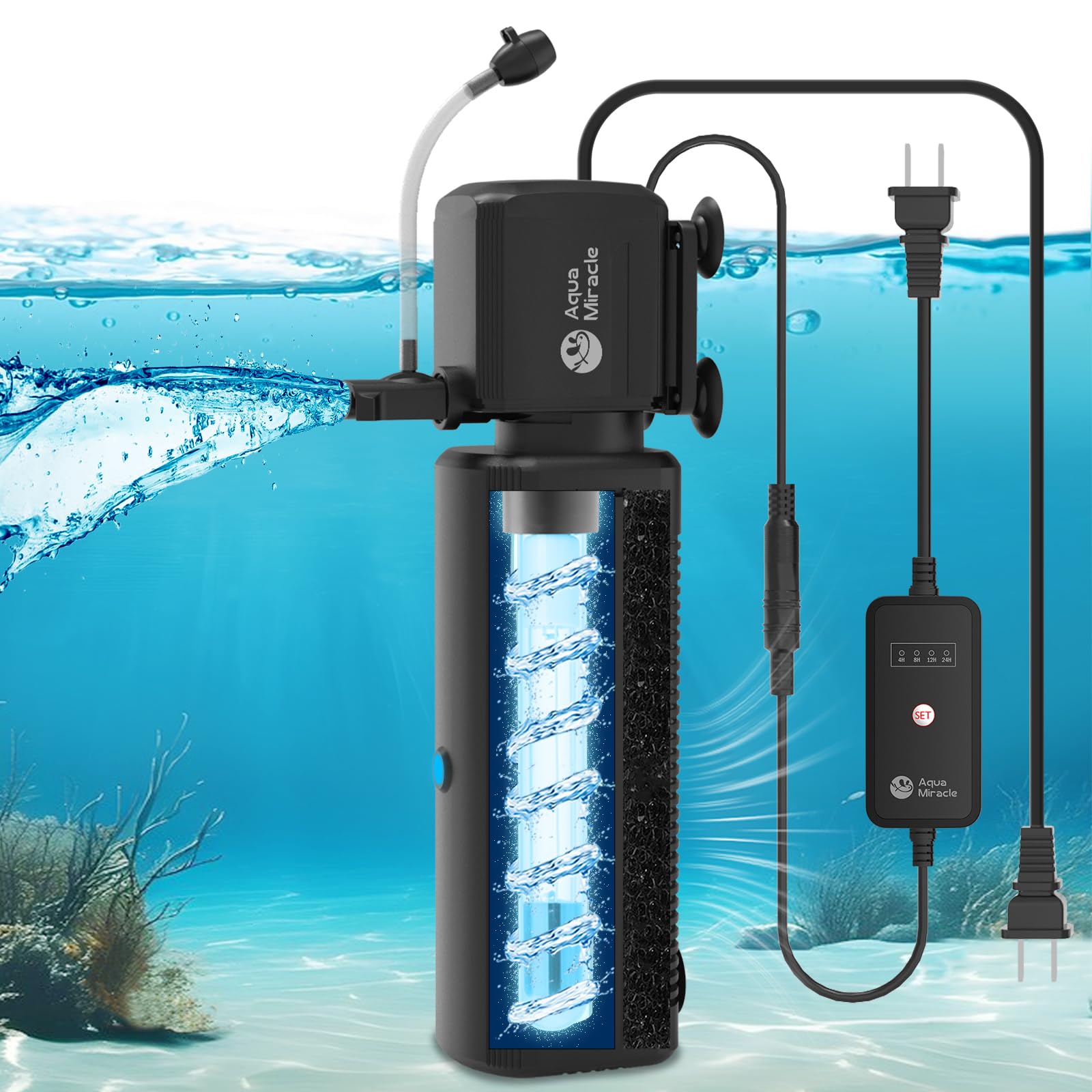 AquaMiracle aquarium filter shown from the front.