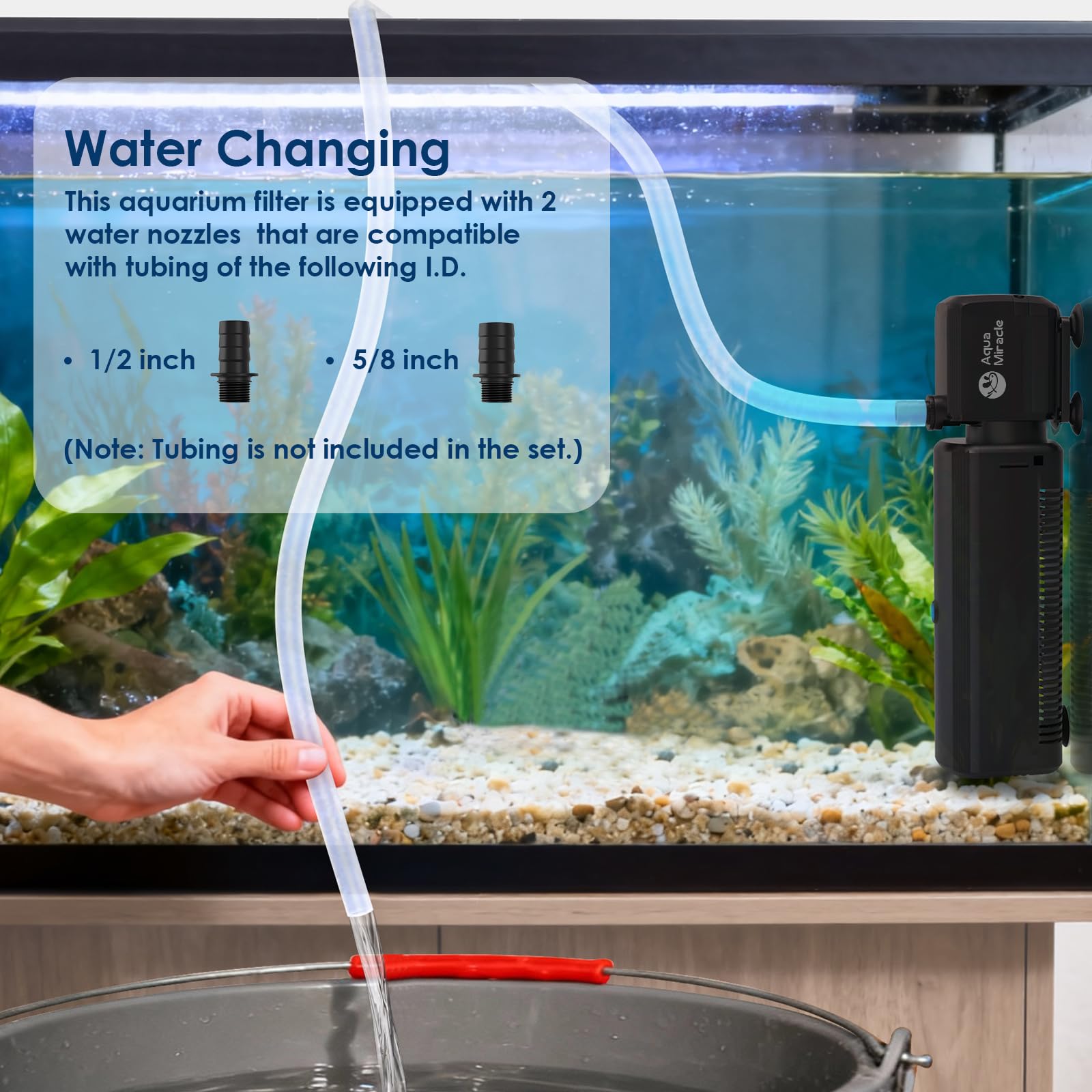 AquaMiracle aquarium filter shown installed in a tank.
