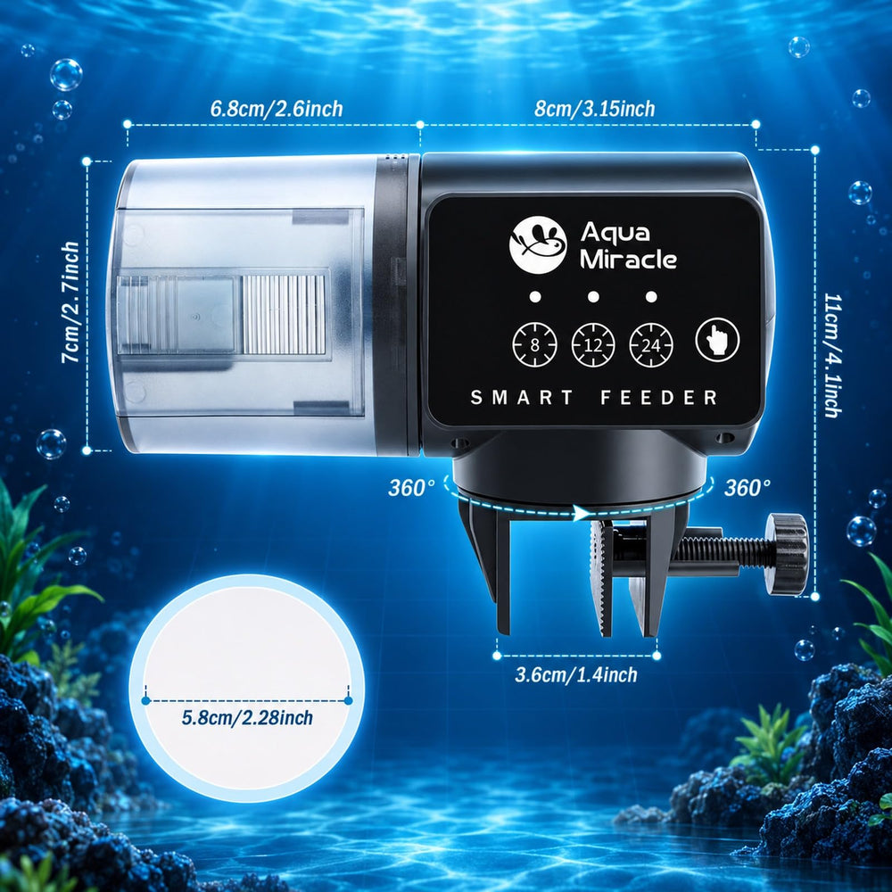 AquaMiracle automatic fish feeder positioned for use on an aquarium.