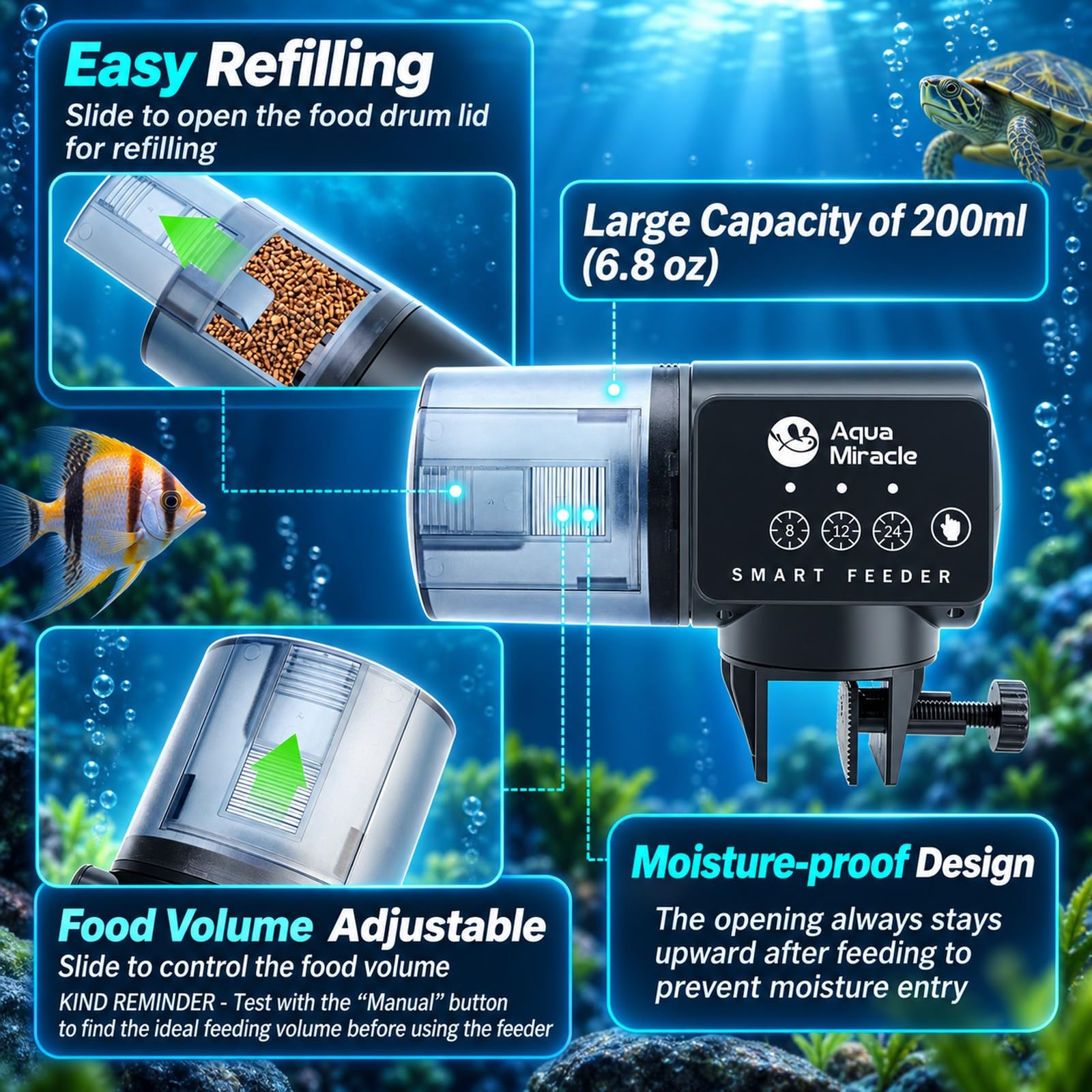 AquaMiracle automatic fish feeder with its aquarium mounting bracket.