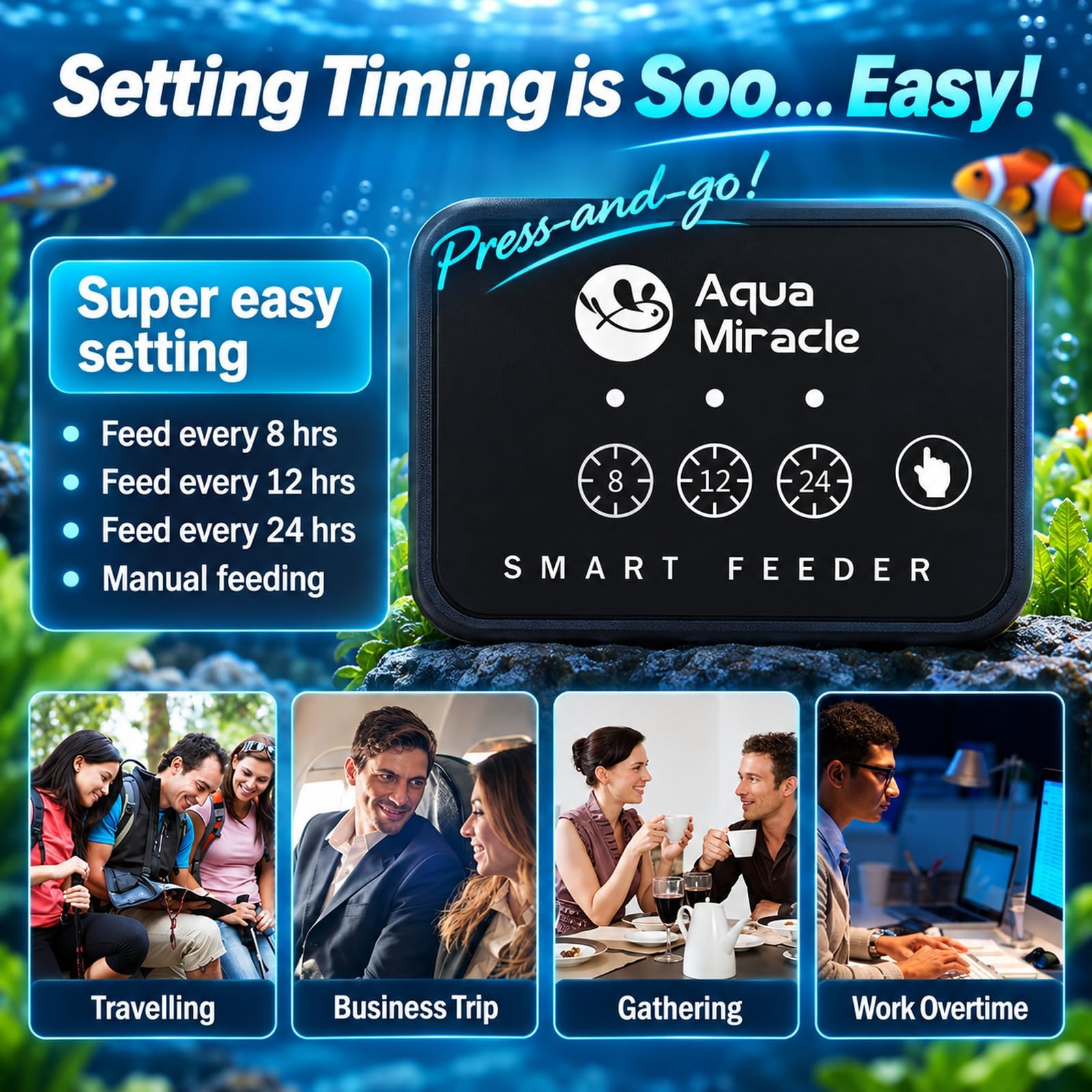 AquaMiracle automatic fish feeder button controls for timed and manual feeding.