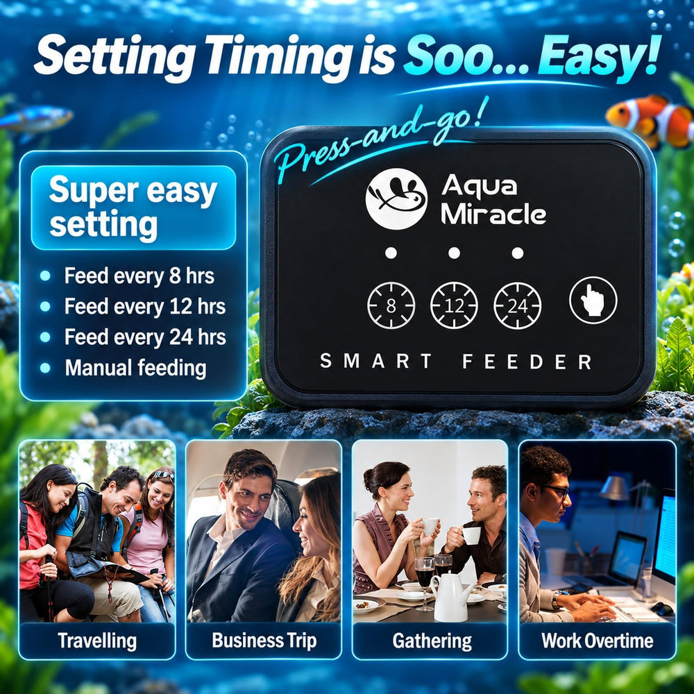 AquaMiracle automatic fish feeder button controls for timed and manual feeding.