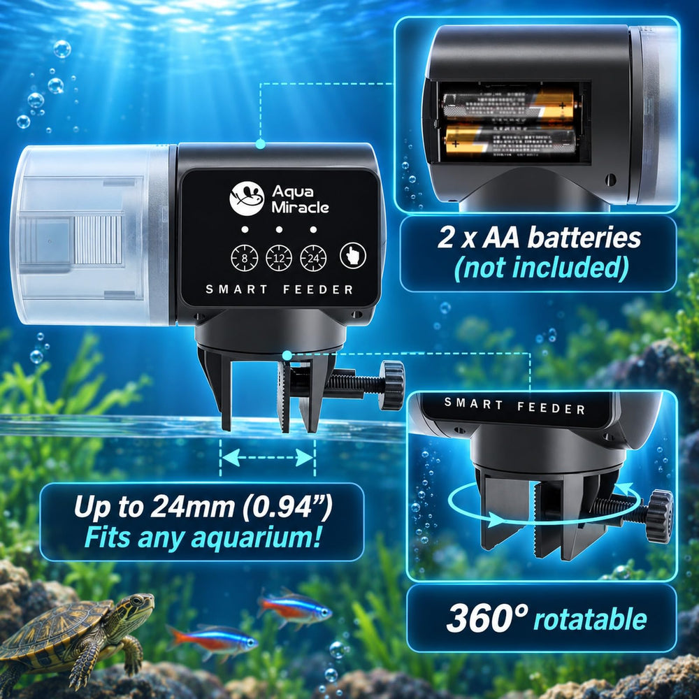AquaMiracle automatic fish feeder with the double-sided sticker mounting option.