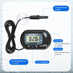 AQUANEAT aquarium thermometer probe and suction cup shown in close-up.