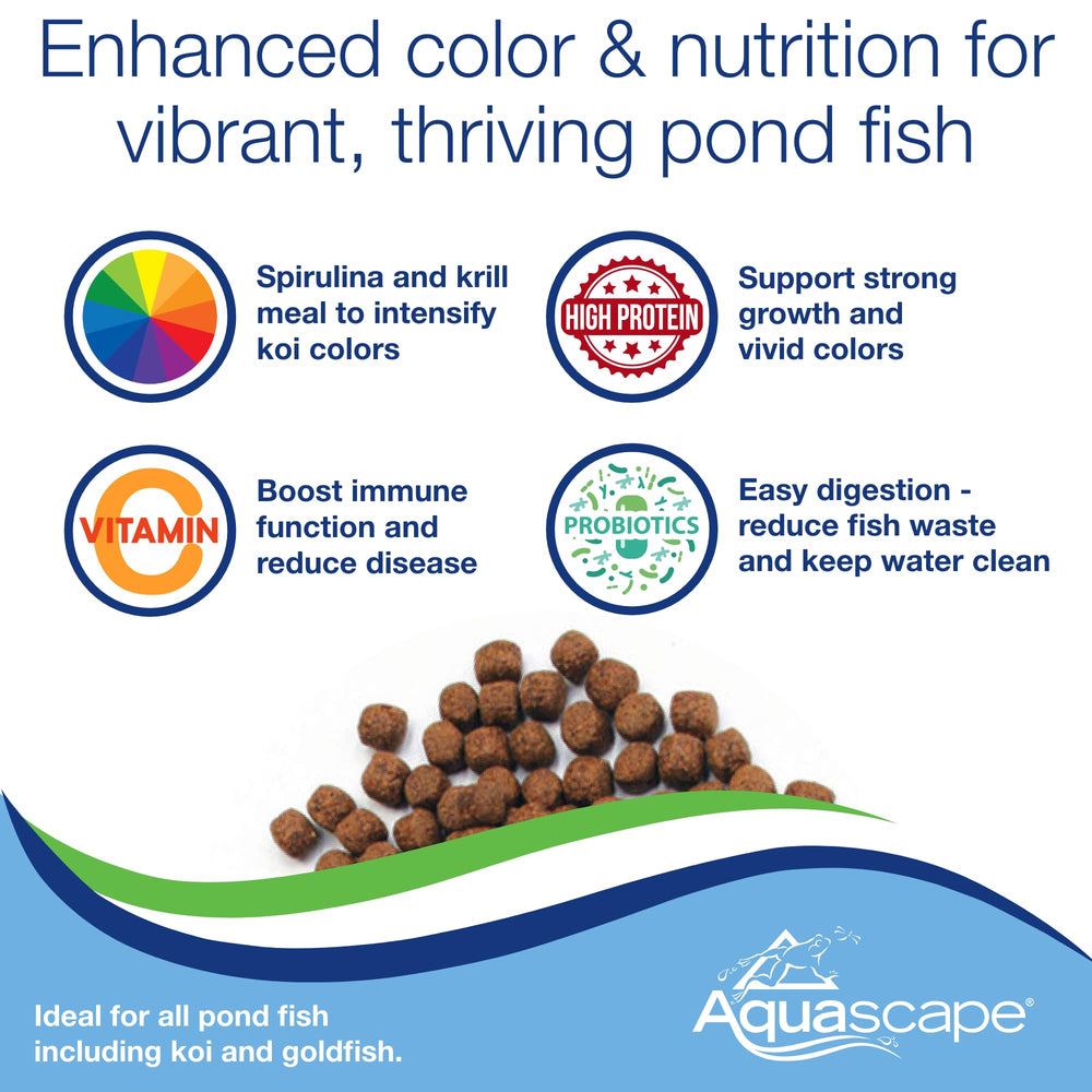 Aquascape fish food pellets shown floating on pond water.