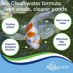 Aquascape color-enhancing fish food shown with koi in a pond.