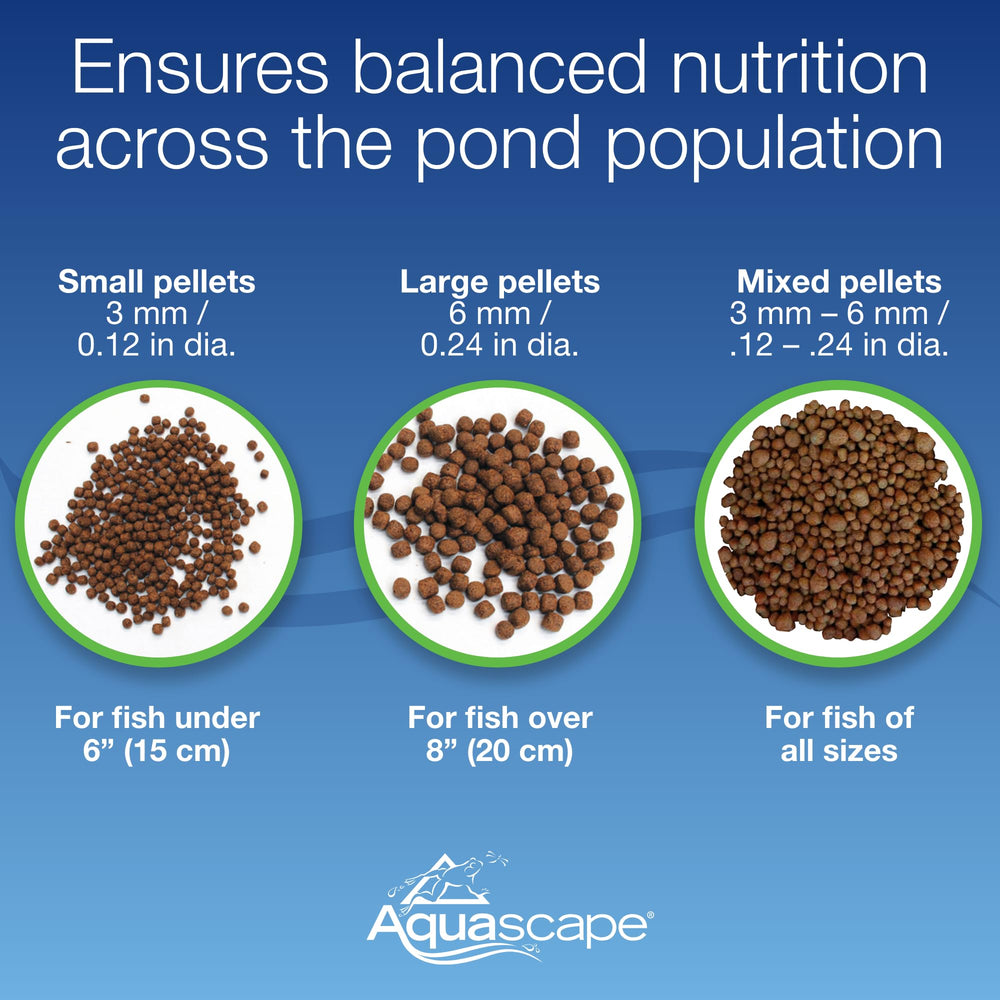 Aquascape pond and koi fish food with the large pellets in focus.