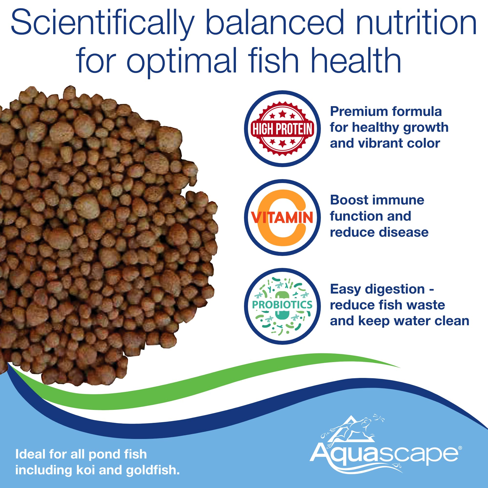 Aquascape pond and koi fish food with the small pellets in focus.