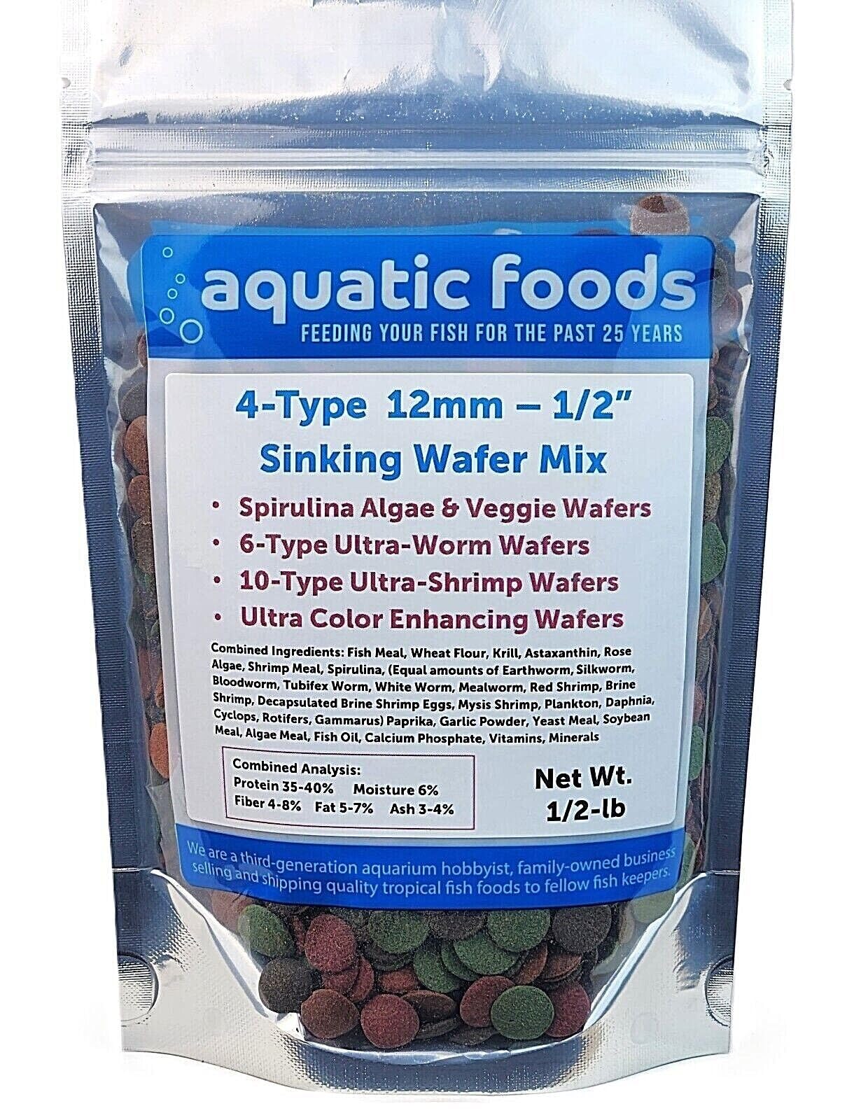 Aquatic Foods sinking wafer mix showing its four formula varieties.