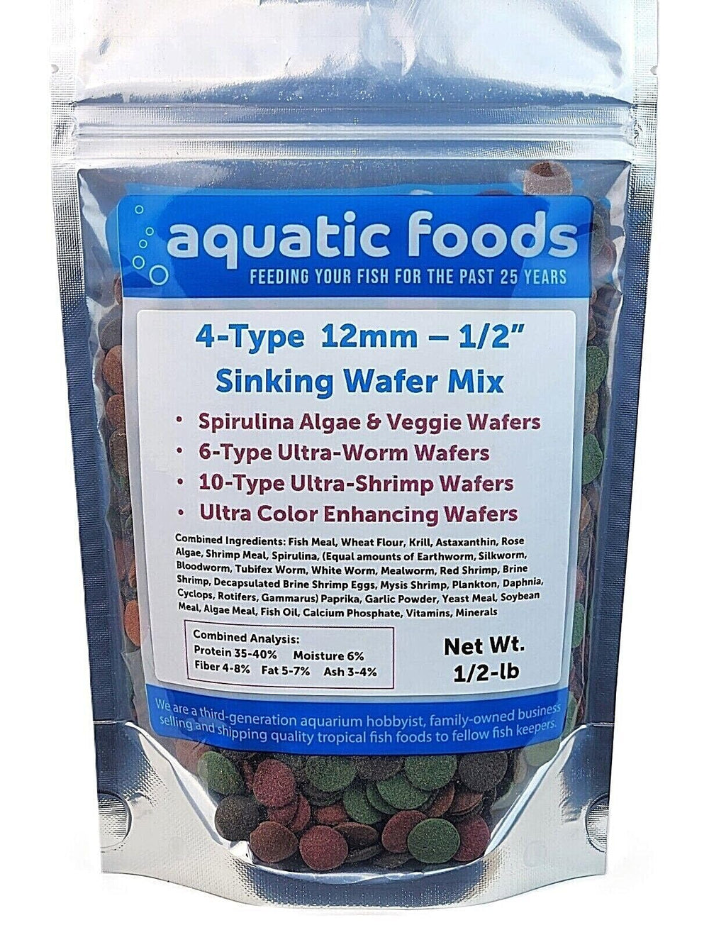 Aquatic Foods sinking wafer mix showing its four formula varieties.