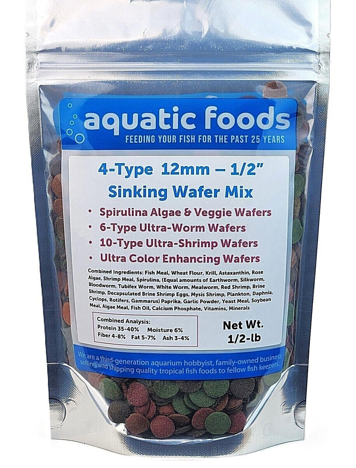 Aquatic Foods sinking wafer mix showing its four formula varieties.