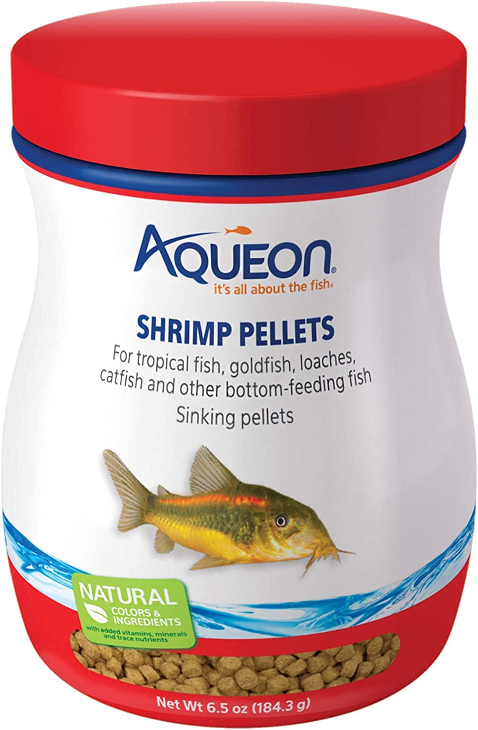 Aqueon Shrimp Pellets Fish Food shown from the front of its package.